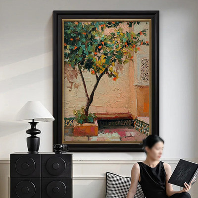 柿子树法式复古肌理手绘油画客厅装饰画餐厅中古风挂画沙发玄关画