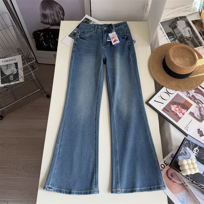 双版本 显瘦大长腿！~四面弹直筒喇叭裤子女高腰显瘦牛仔裤女春款