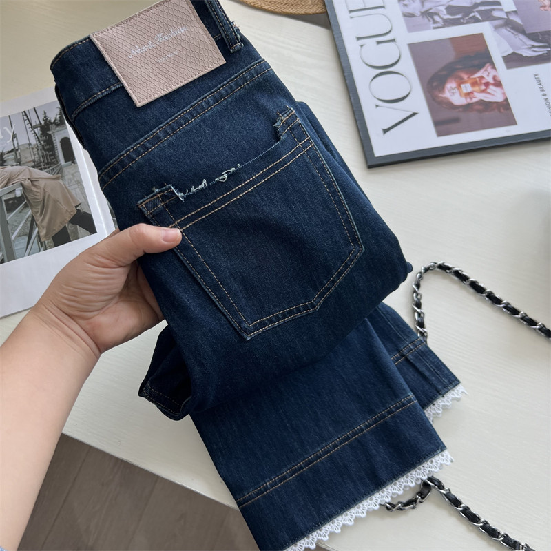 修饰腿型~ju显瘦蕾丝边九分阔腿牛仔裤女 四面弹薄款夏季直筒裤