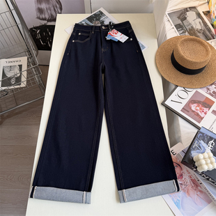 丹宁神牛~！防褪色深蓝色直筒牛仔裤女 四面弹梨形阔腿牛仔长裤春