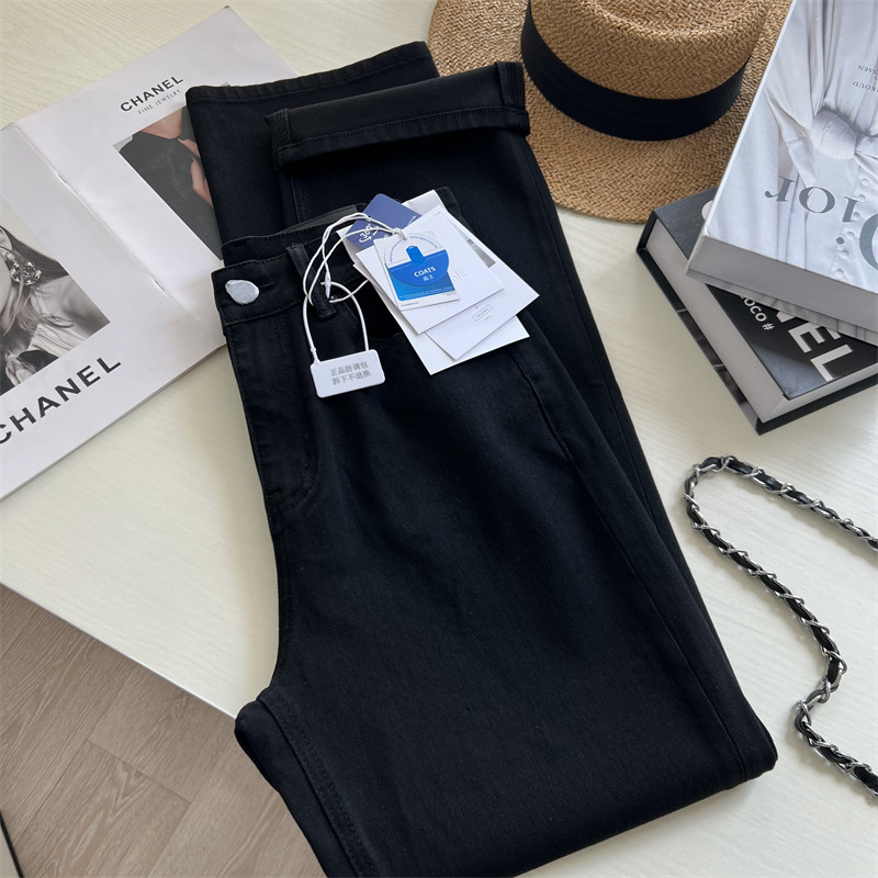 超高品质~！显瘦大长腿 四面弹黑色显瘦高腰窄版直筒牛仔长裤女