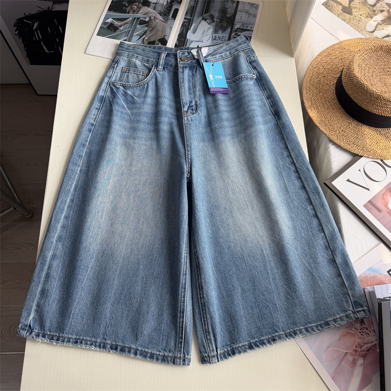 私服超爱！~美式复古七分牛仔裤女夏薄款小个子宽松直筒阔腿裤