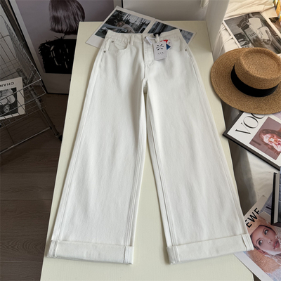春款四面弹白色宽松阔腿长裤
