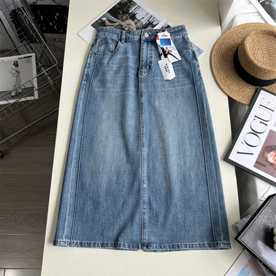 后开叉高腰四面弹薄款牛仔半身裙