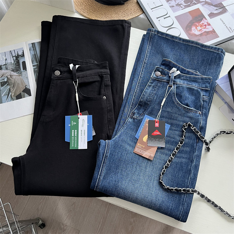 巨显腿直~！气质高腰四面弹宽腿微喇裤 窄版阔腿直筒牛仔长裤春秋