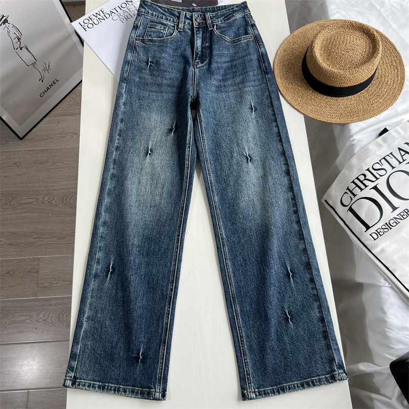 口碑推荐~高级枪花纹巨洋气 宽松复古直筒窄版阔腿牛仔裤拖地长裤