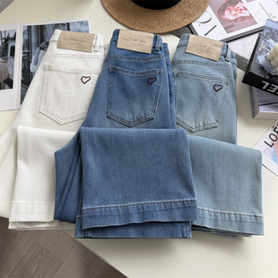 小个子Bi入!四面弹春款直筒牛仔裤女高腰显瘦宽边刺绣九分阔腿裤