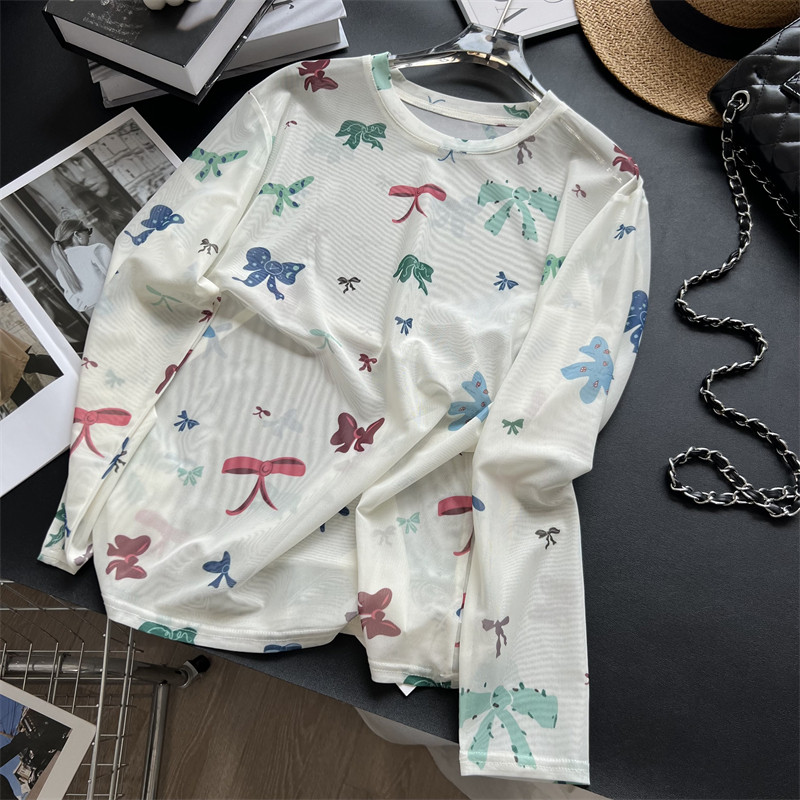 柔软穿上瘾~夏季薄款网纱透视蝴蝶结长袖T恤女宽松垂感防晒罩衫