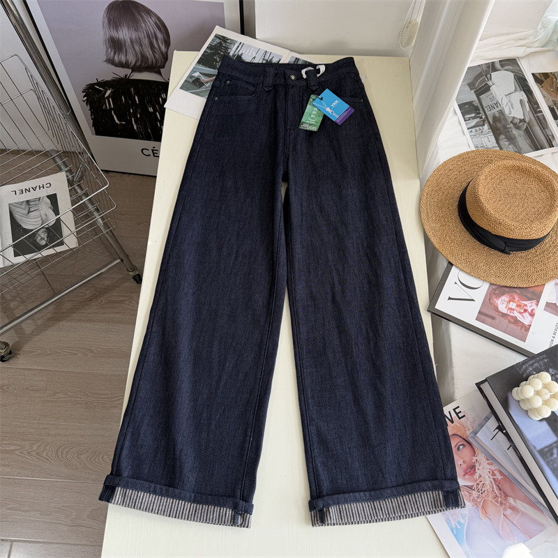 条纹翻边直筒阔腿牛仔裤