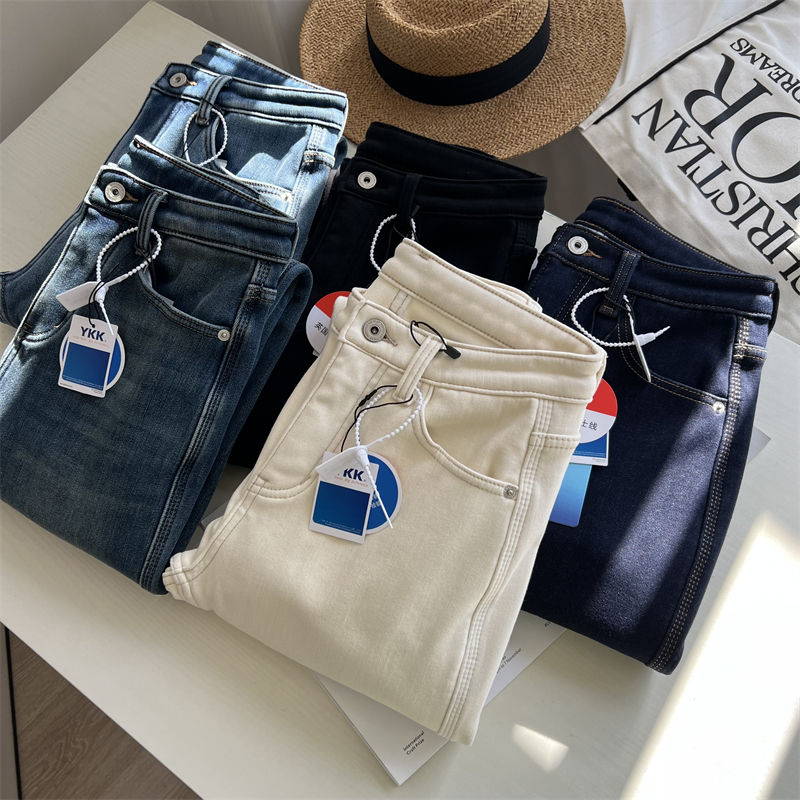 神裤！经典返场！秋冬季加绒法棍牛仔裤女 显瘦九分直筒烟管裤子