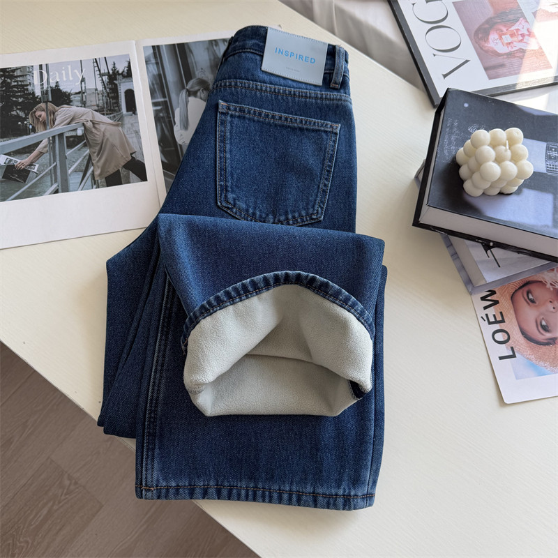 削胯显瘦 加绒保暖加厚复古蓝高腰直筒无弹力牛仔裤女阔腿长裤冬