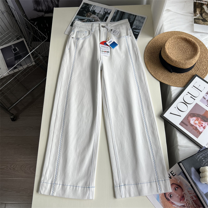 侧缝刺绣线条！2025秋季白色直筒牛仔裤女 显腿直九分窄版阔腿裤