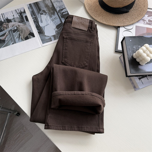 腔调感~！薄绒 美拉德牛仔裤女复古咖色宽松直筒显瘦拖地长裤秋冬