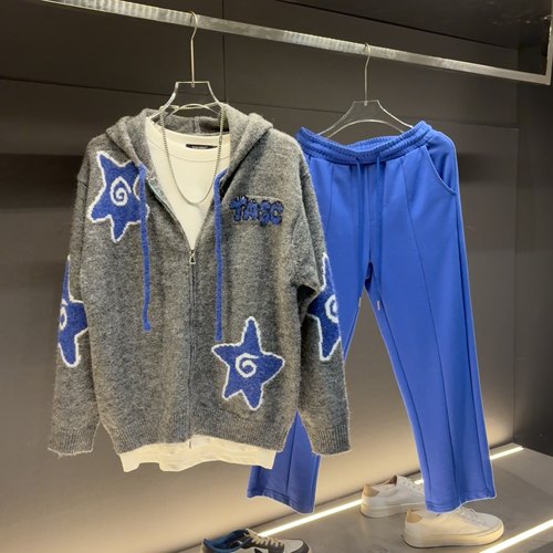 TASCHEN韩版复古男宽松英文印花休闲百搭蓝色星星针织连帽开衫