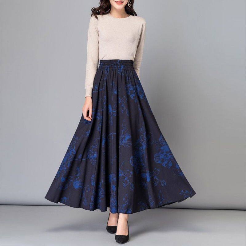 秋冬气质半身裙长裙拖地大摆裙复古裙超垂印花裙民族风舞蹈裙女裙