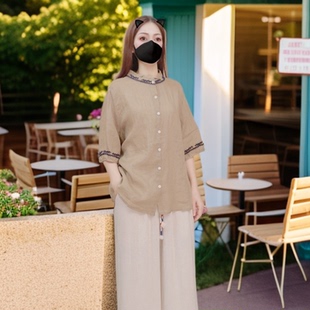 夏季 宽松大码 洋气减龄轻薄款 女吸汗透气苎麻衬衫 110 中袖 T恤短袖