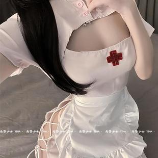温柔姐姐*纯欲甜美镂空小护士制服超短绑带立领粉色套装角色扮演