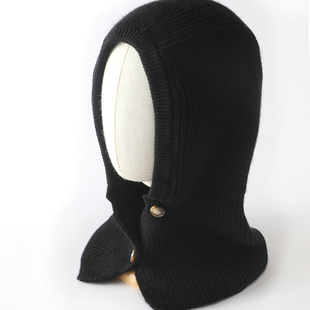 羊绒帽子围脖一体男女秋冬季加厚针织护耳脖套保暖连帽围巾纯黑色