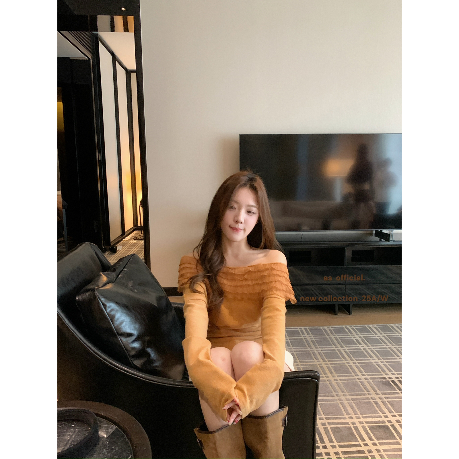 AS OFFICIAL-法式miu系少女风木耳边网纱拼接斜肩小衫25261