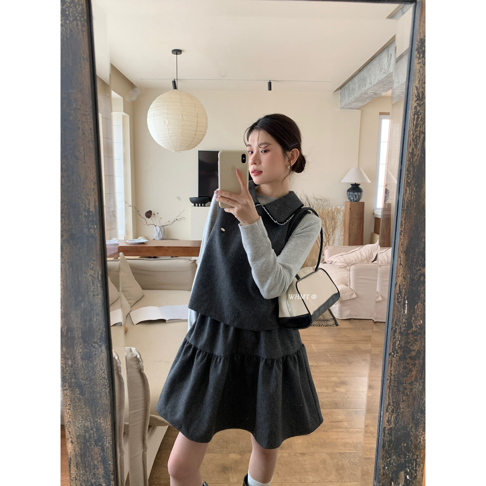 RS.WHMT雷系女主~甜美丝绒边娃娃领羊毛呢马甲半身裙套装Q1223