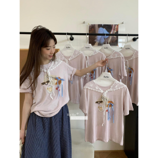 韩系甜美少女风立体蝴蝶结丝带印花百搭宽松短袖 RARA T恤55009