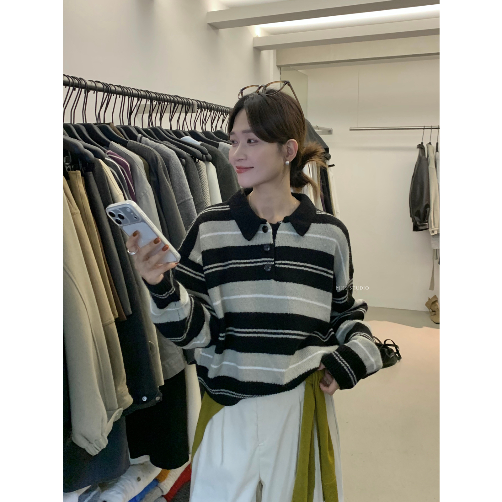 MISS密思家Polo领拼色条纹羊毛厚实保暖毛衣（含4羊毛）A08808