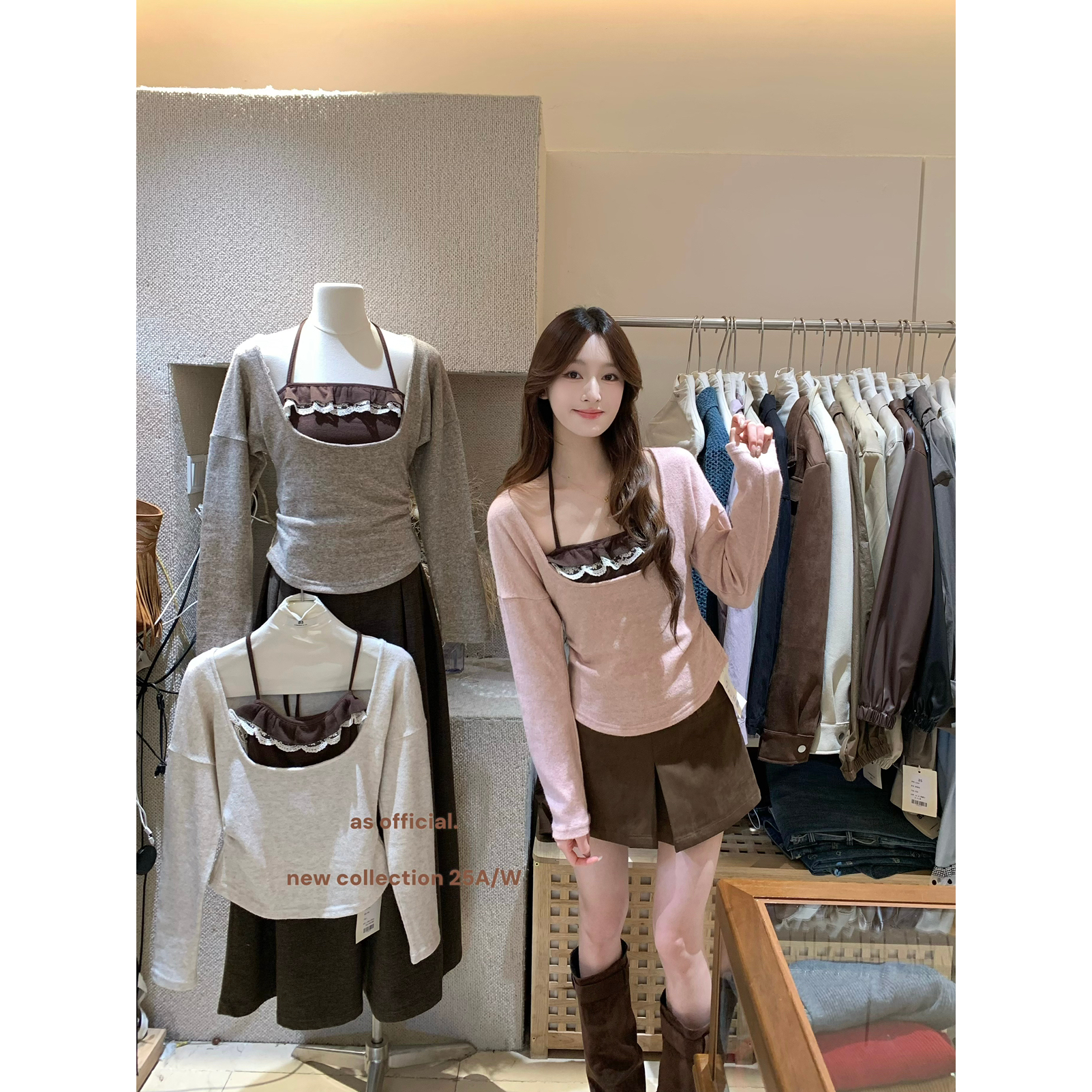 AS OFFICIAL蕾丝吊带大u领小衫套装含15羊毛派对焦点25302