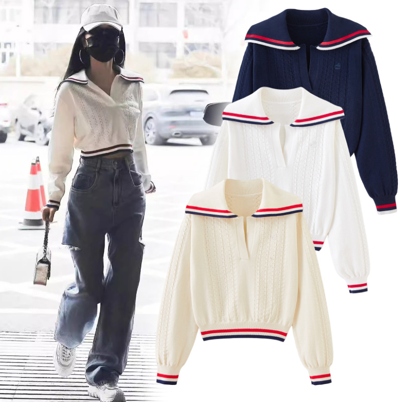 纯棉套头海军领百搭毛衣