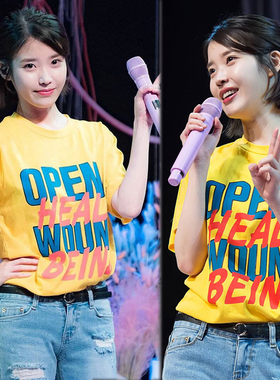 夏季李智恩IU李知恩同款韩版纯棉宽松时尚百搭黄色印字母短袖T恤