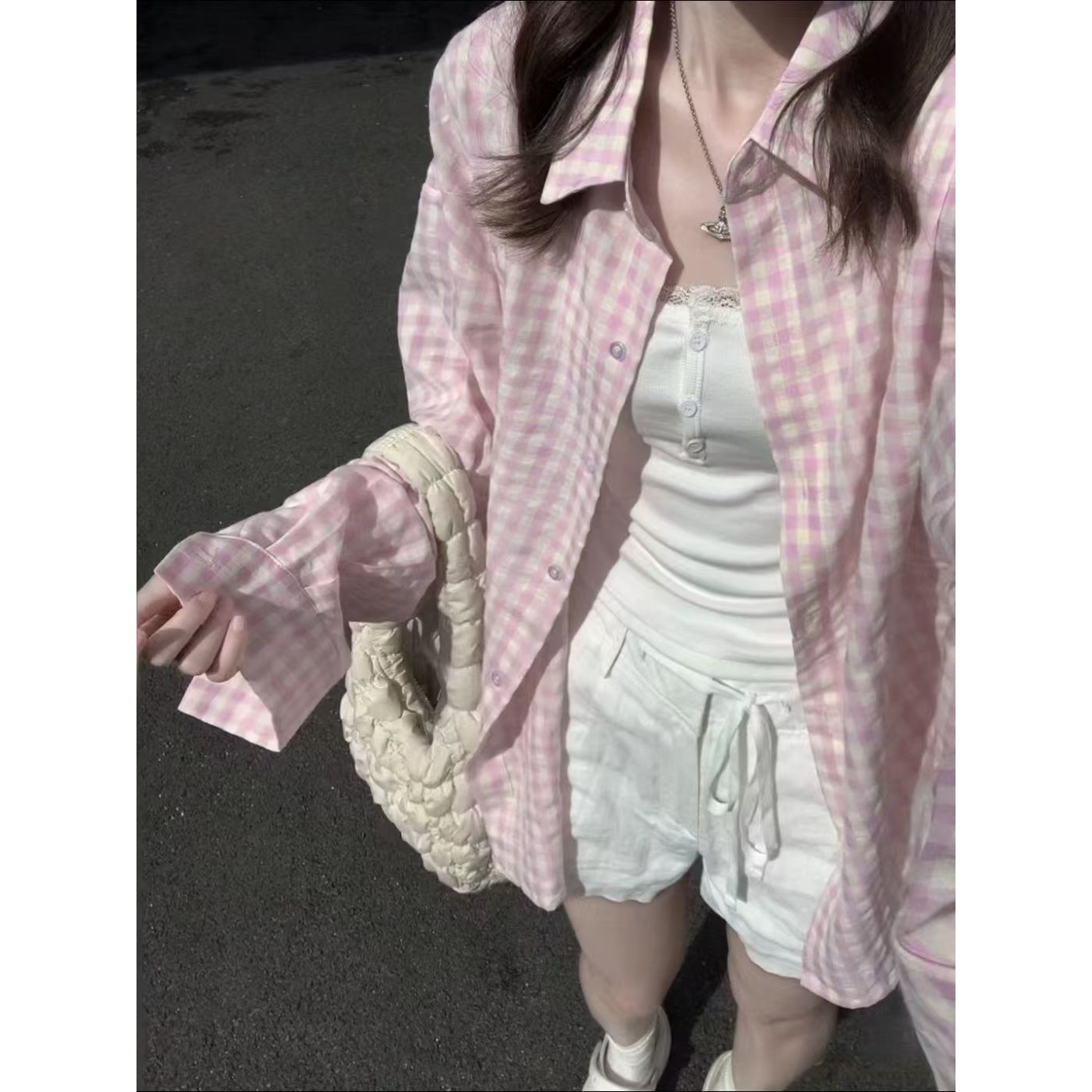 韩系Polo领粉色格子长袖衬衫女早秋季少女感宽松慵懒薄款开衫衬衣