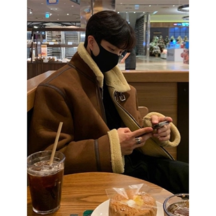 英伦雅痞风男装麂皮绒羊羔毛棉服外套冬季男松弛感飞行员棉衣夹克