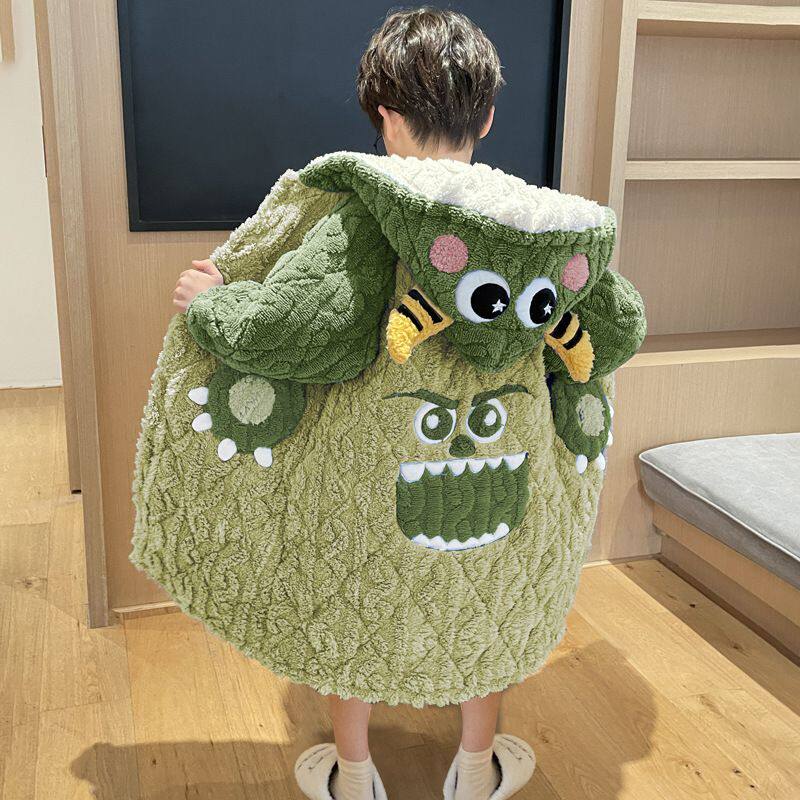 儿童睡衣男童小男孩秋冬季三层夹棉加厚款怪兽睡袍加绒珊瑚绒冬天