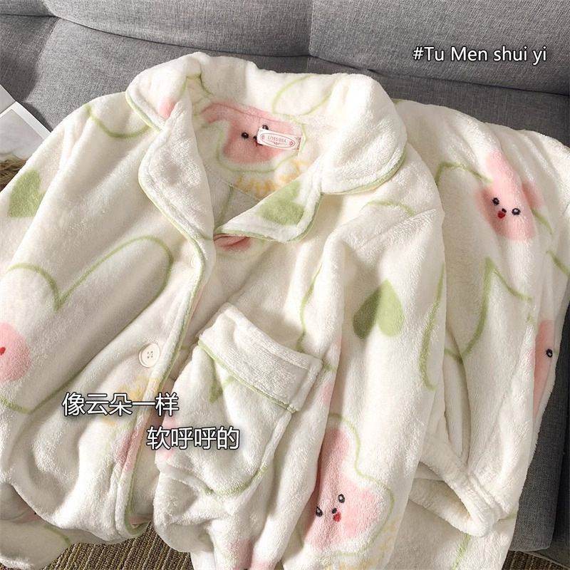 法兰绒睡衣女新款冬季加绒加厚长袖长裤开衫珊瑚绒家居服套装