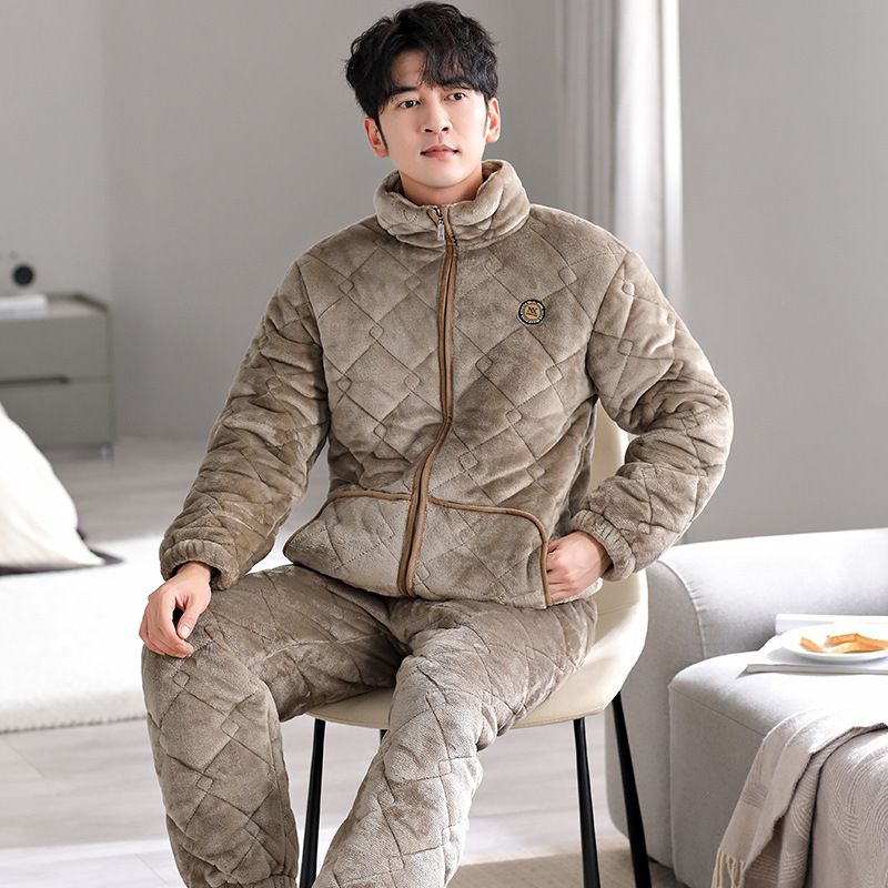 睡衣男冬款新款珊瑚绒三层加厚加绒夹棉袄保暖秋冬家居服套装
