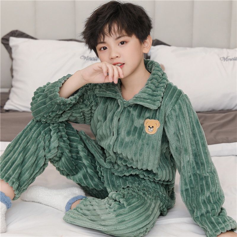 儿童秋冬季法兰绒睡衣男童女童春款加绒加厚宝宝珊瑚绒套装家居服