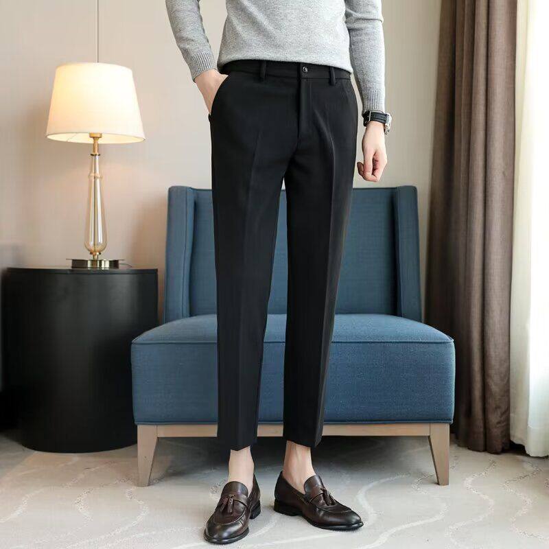 秋冬垂感九分裤男加绒厚款修身直筒西裤毛呢休闲裤男士弹力长裤