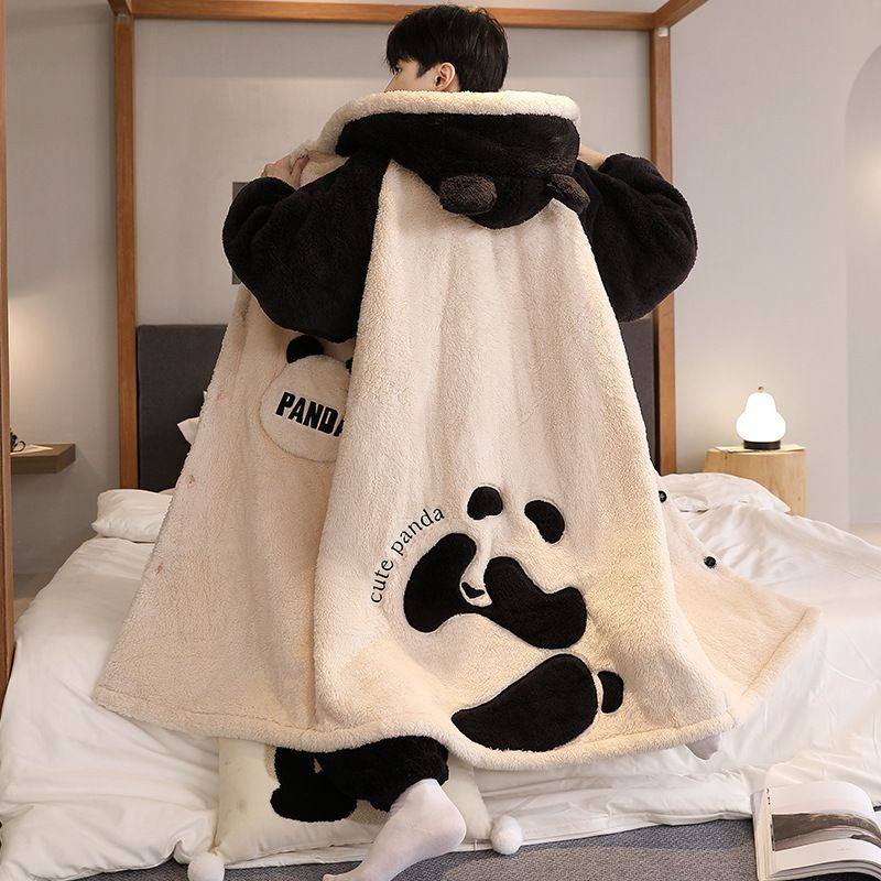 加厚秋冬保暖连帽睡袍男珊瑚绒加绒宽松大码200斤睡衣套装可外穿