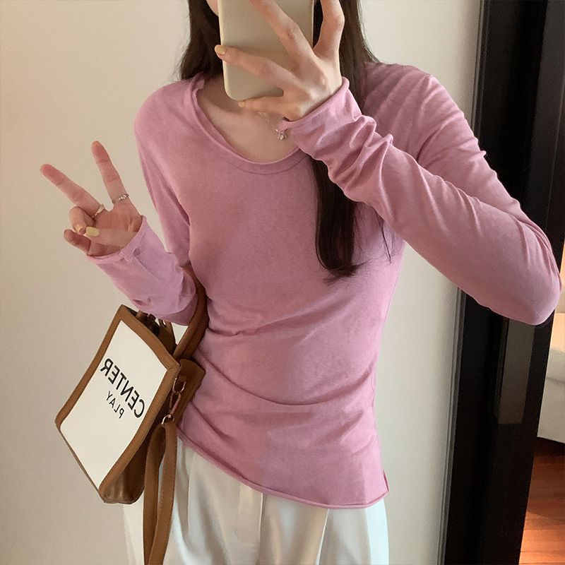 修身显瘦长袖t恤女春秋新款纯色卷边软糯打底衫辣妹百搭上衣