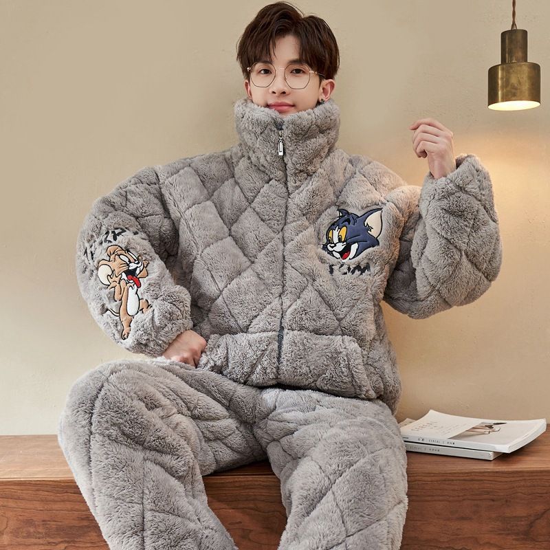 秋冬款珊瑚绒睡衣男冬季加厚加绒男士三层夹棉大童青少年套装