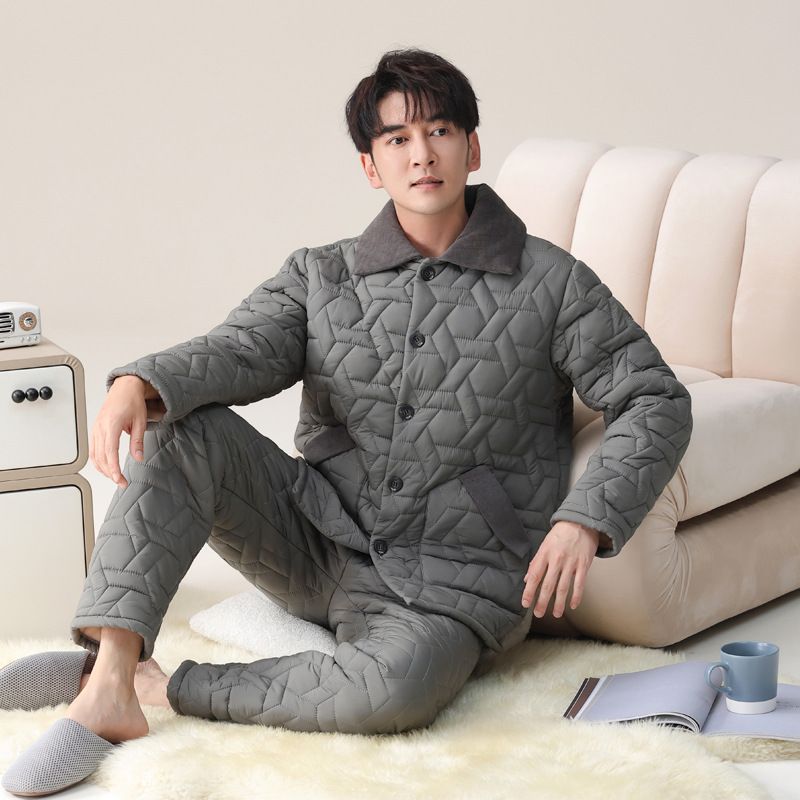 睡衣男冬季珊瑚绒三层加厚加绒羽绒夹棉中年爸爸秋冬款冬天家居服