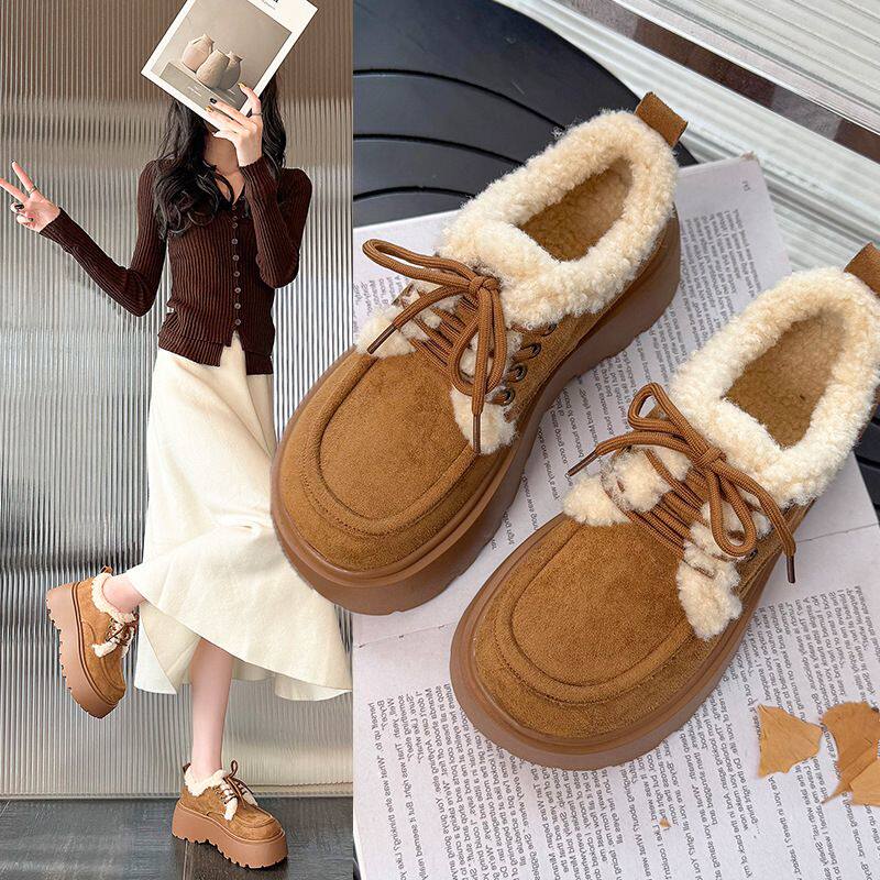 棕色小皮鞋女加绒2025冬季新款保暖毛毛鞋乐福鞋棉鞋雪地靴子
