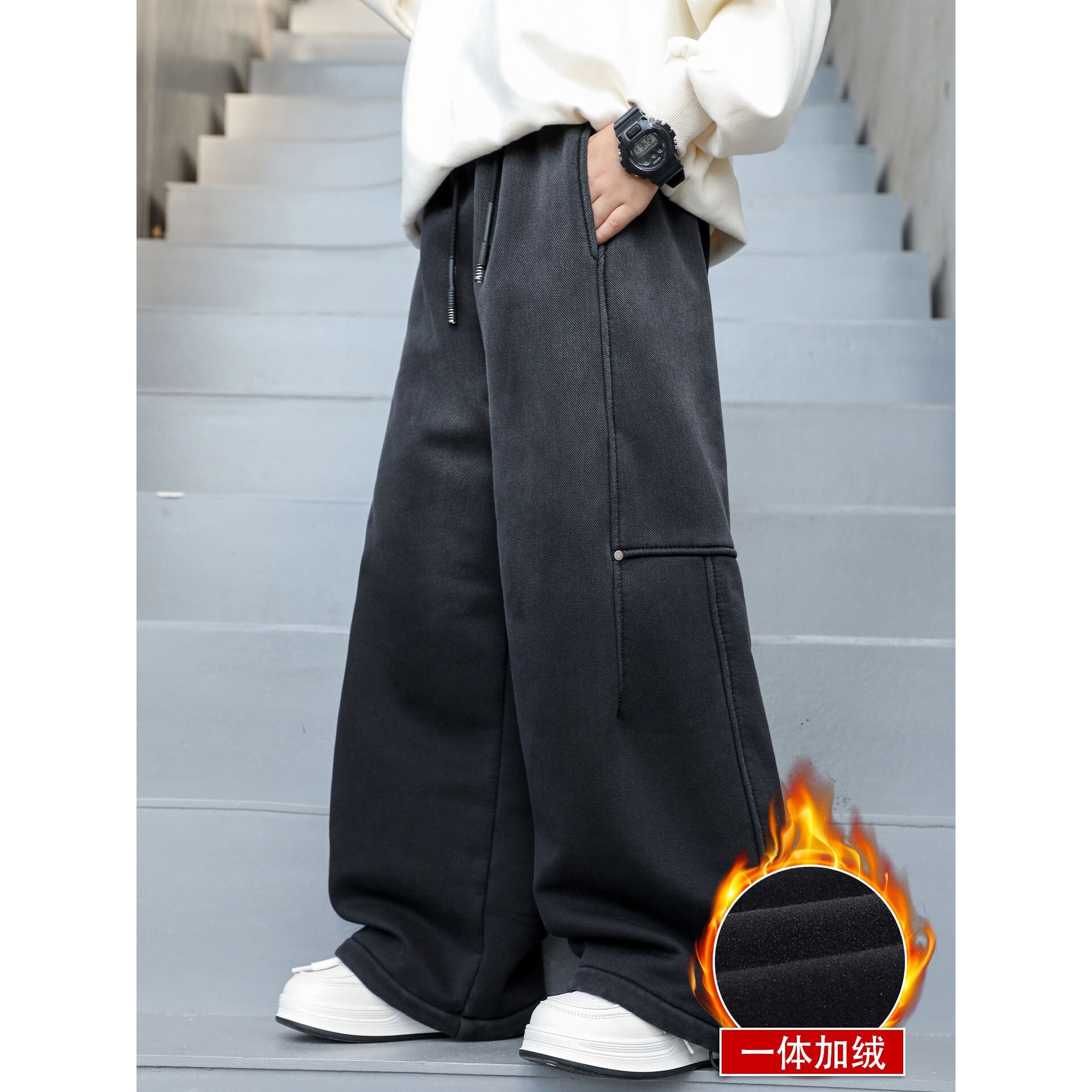 男童加绒裤子冬装2025新款秋冬加厚儿童男孩一体绒牛仔裤中大童潮