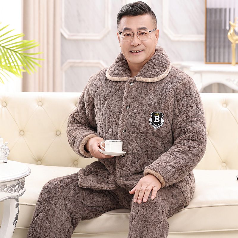 爸爸睡衣男冬天珊瑚绒夹棉三层加厚加绒中老年保暖棉袄家居服套装
