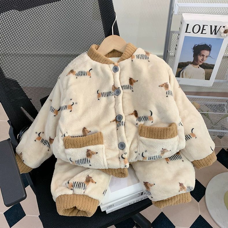 儿童睡衣冬季珊瑚绒三层夹棉加厚款女童加绒法兰绒宝宝保暖家居服