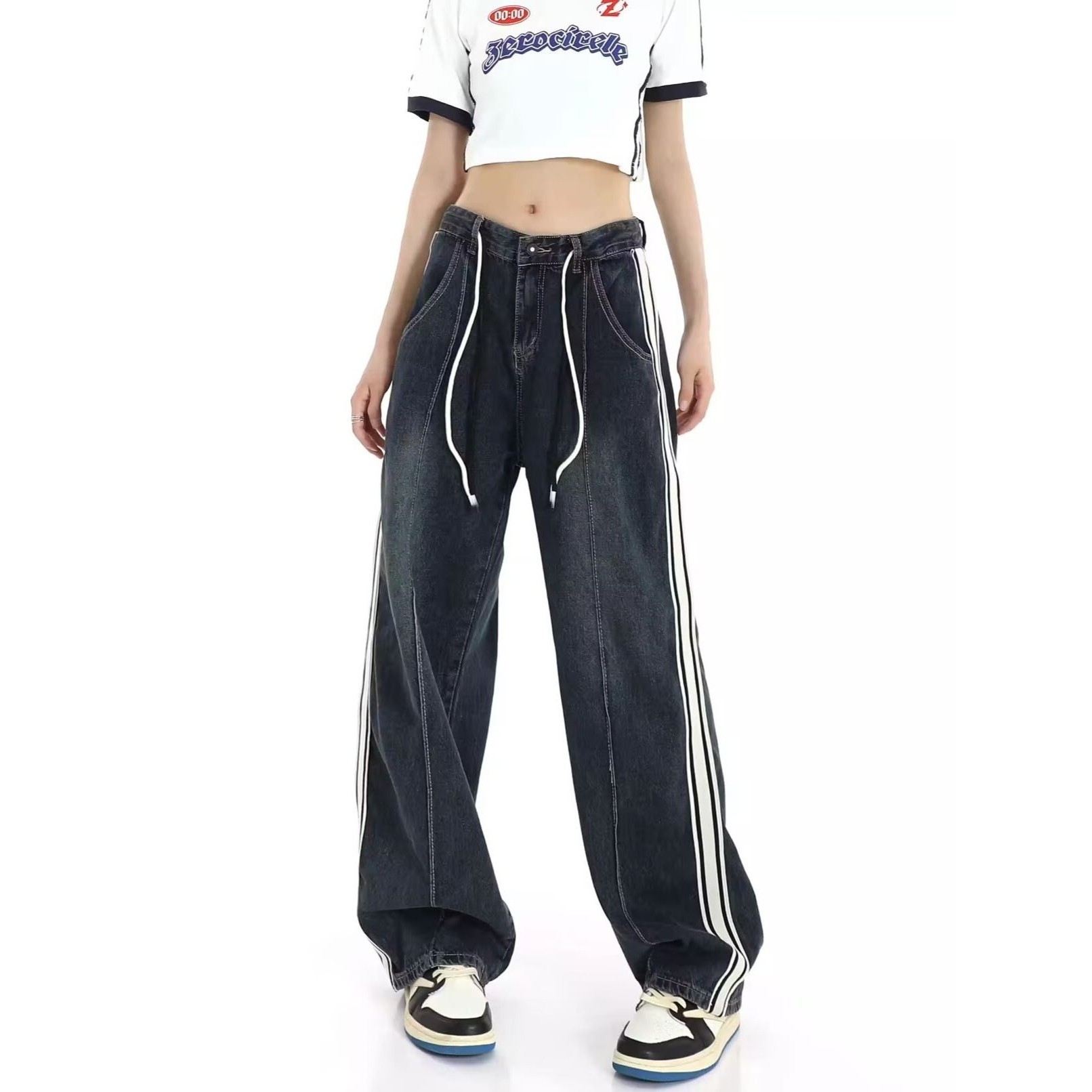 大码条纹抽绳高腰牛仔裤女秋冬微胖mm显瘦宽松直筒垂感阔腿拖地裤,女装/女士精品,大码裤装,淘宝优惠券,粉丝福利购,淘宝优惠卷