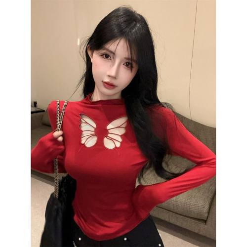 纯欲风蝴蝶结镂空长袖T恤女2025南油新款设计感修身打底女装上衣