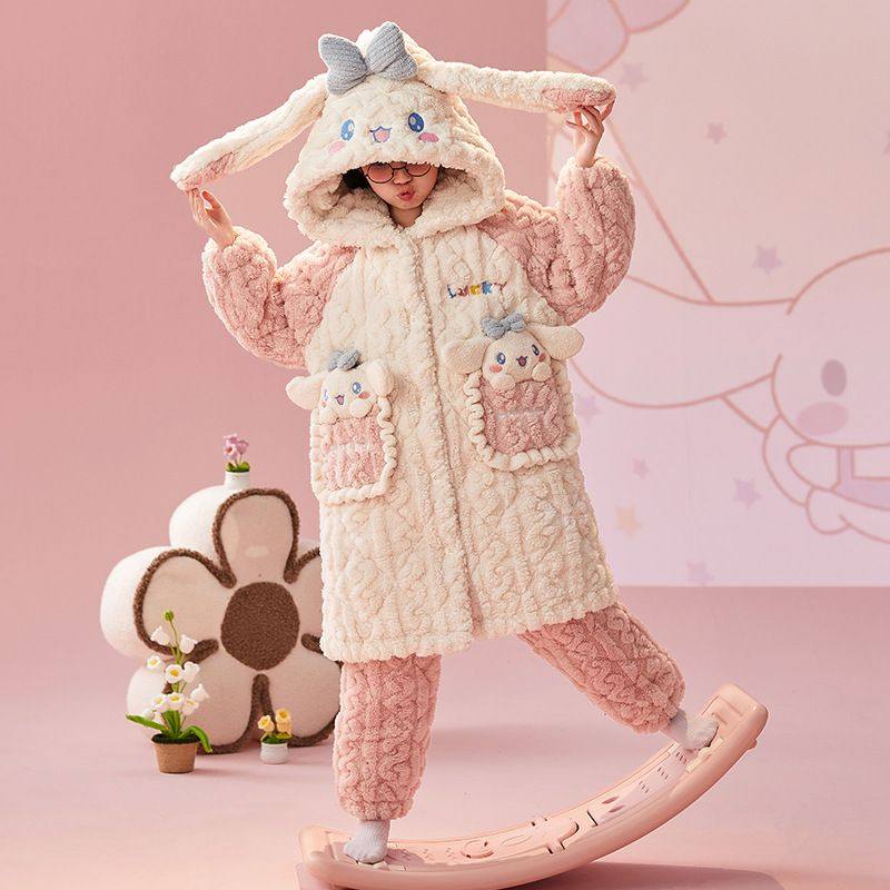 儿童睡衣女三层夹棉珊瑚绒超厚加绒长款睡袍中大童女童法兰家居服