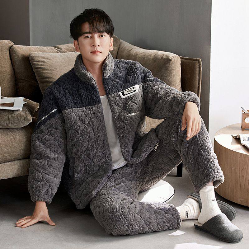 睡衣男冬季加厚加绒三层夹棉保暖珊瑚绒秋冬款男士拉链家居服套装