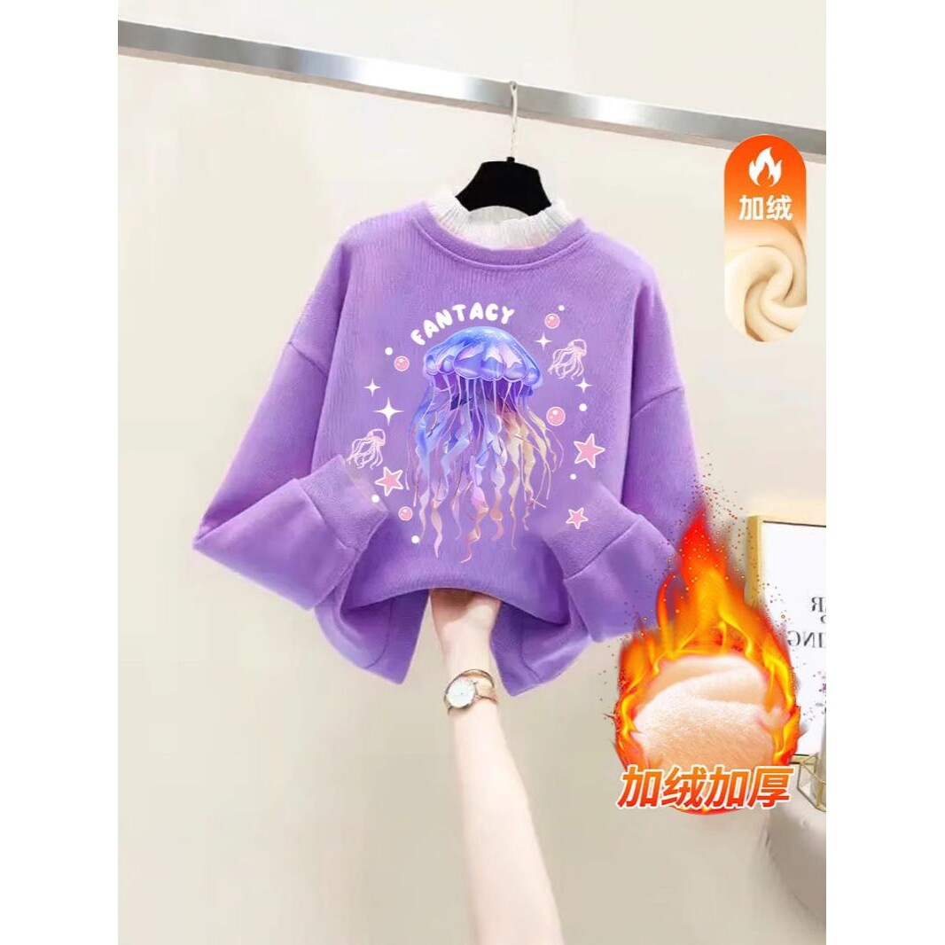 儿童冬季加绒新款洋气蕾丝花领上衣女童加厚保暖百搭外穿卫衣