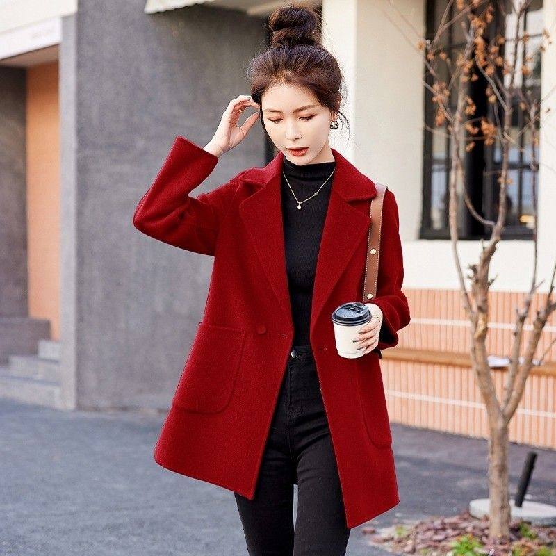 双面羊毛大衣女2025新款春秋冬今年流行红色气质显瘦毛呢西装外套